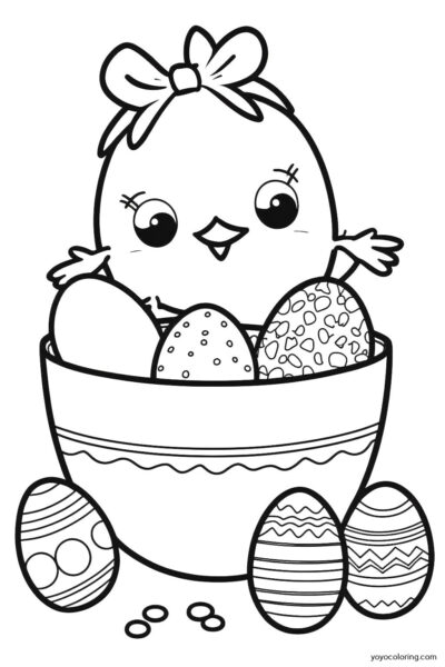 Ein Osterküken in einer Schüssel mit Eiern zum Ausmalen.