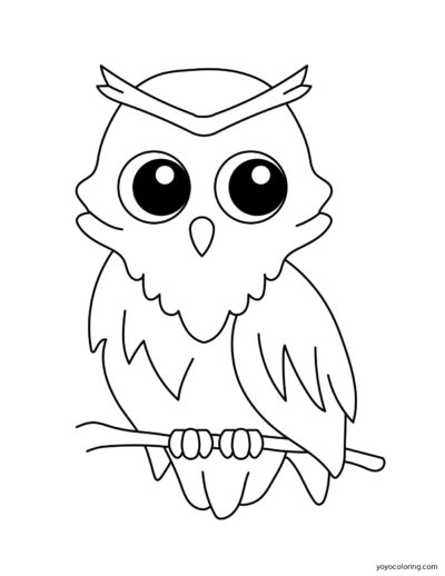 A simple line drawing of a cute owl perched on a branch, suitable for a coloring page, with big eyes and detailed feathers.