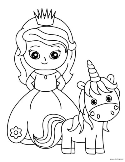 Princess With Unicorn Coloring Pages