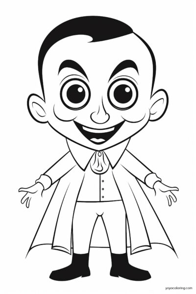 A black and white drawing of a Dracula coloring page for kids.