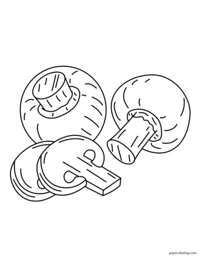 Line drawing of sliced mushrooms, with one whole mushroom shown from the top and another depicted with a section cut out.