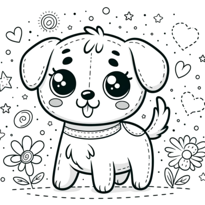 A cute dog coloring page with hearts and flowers.