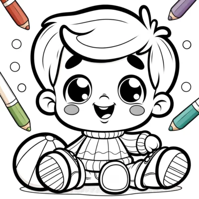 A boy coloring page with crayons and a ball.