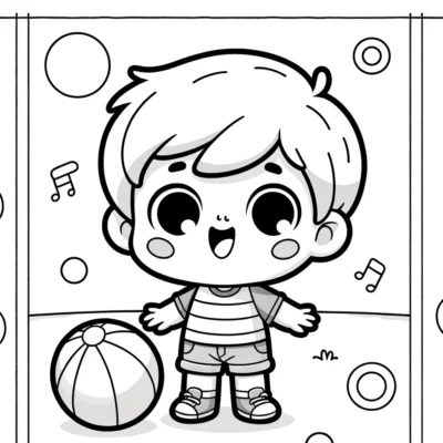 A cartoon boy coloring page with a basketball ball.