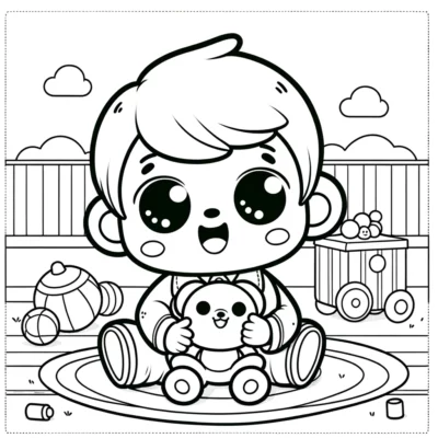 A boy coloring page with a teddy bear.