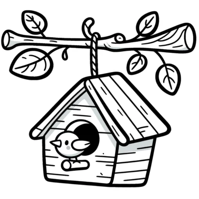 A black and white drawing of a birdhouse on a branch.