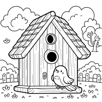 Una página para colorear de una casita para pájaros con un pájaro en ella.