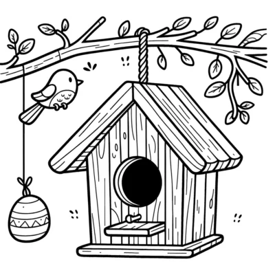 A birdhouse on a branch with an easter egg.