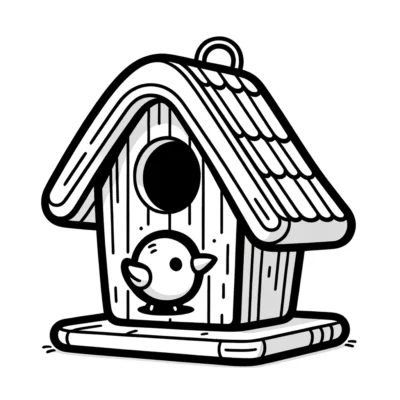 A black and white drawing of a birdhouse.