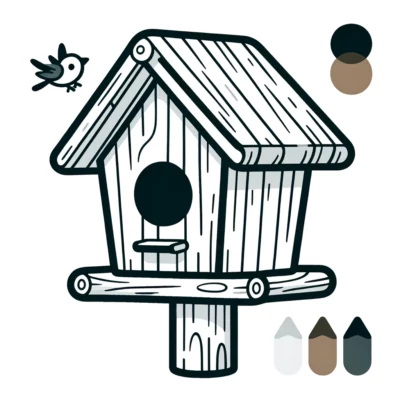 A wooden birdhouse with colored pencils and a bird.