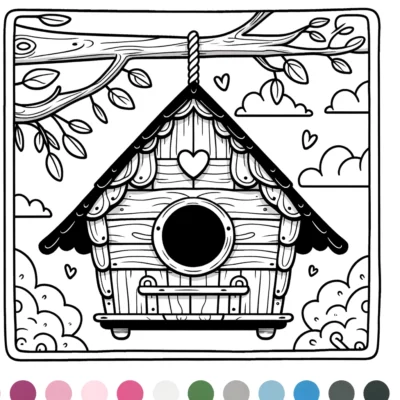 A coloring page with a birdhouse on it.
