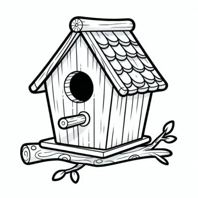 A black and white drawing of a birdhouse on a branch.