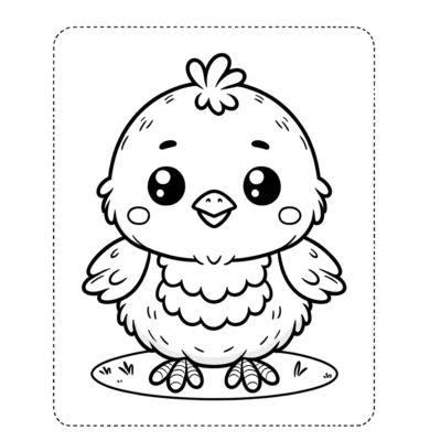 A cute chicken coloring page for kids.