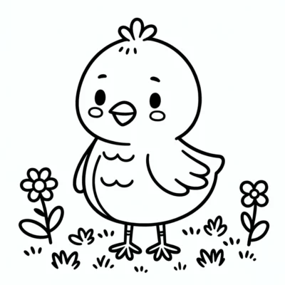 A black and white drawing of a chick.