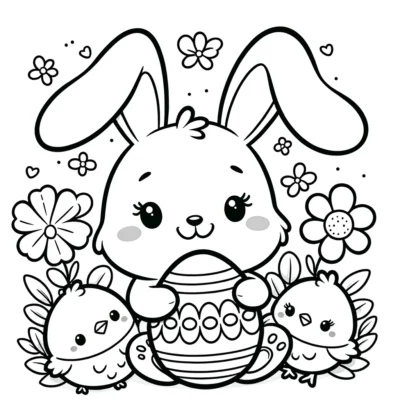 A black and white drawing of a bunny holding an egg.