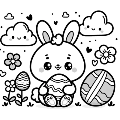 Una página para colorear de conejito kawaii con huevos de Pascua y flores.