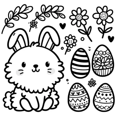 Un dibujo en blanco y negro de un conejito y huevos.
