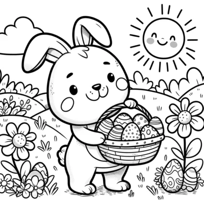 Un lindo conejito sosteniendo una canasta de huevos de Pascua para colorear.