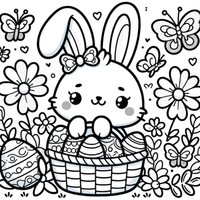 Ausmalbild: Ein süßer Hase in einem Korb mit Blumen und Schmetterlingen.