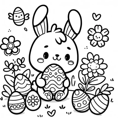 Una linda página para colorear de conejito con huevos de Pascua y flores.