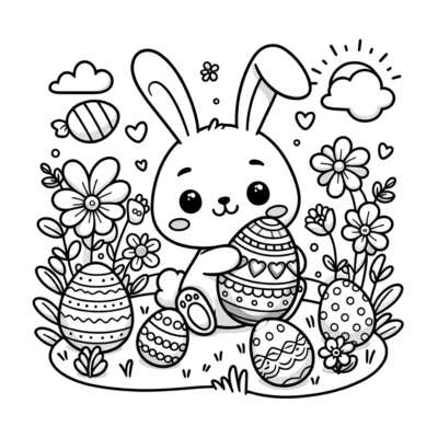 A black and white drawing of a bunny holding an egg.