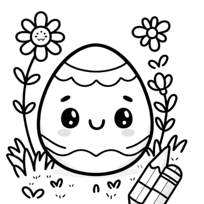 A cute easter egg coloring page with flowers and crayons.
