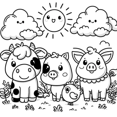 Dibujos para colorear de animales de granja kawaii.