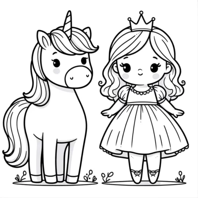 Ausmalbilder Prinzessin und Einhorn.