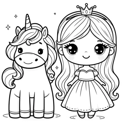 Ausmalbilder Prinzessin und Einhorn.