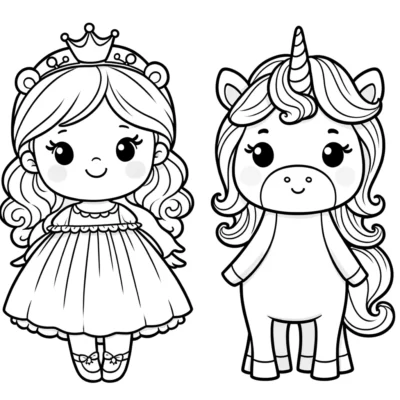 Ausmalbilder Prinzessin und Einhorn.