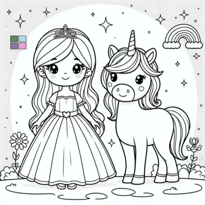 Dibujo para colorear de princesa y unicornio.