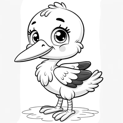 Ein Cartoon-Storch steht auf weißem Hintergrund.