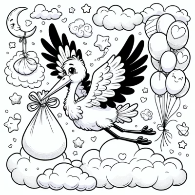 Ein Storch fliegt mit einer Babytasche in den Himmel.