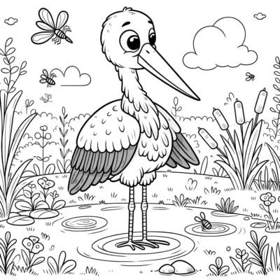 Ausmalbild: Ein Storch steht in einem Teich.