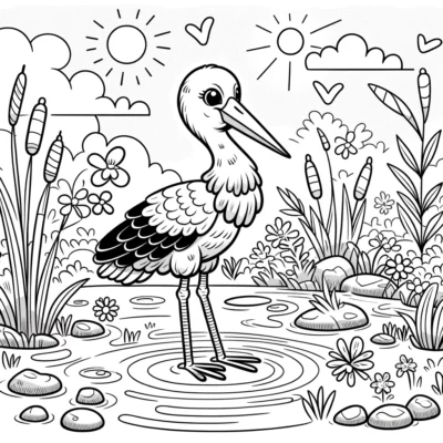 A stork standing in the water coloring page.