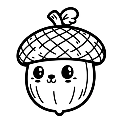 Illustration einer niedlichen Eichelfigur mit fröhlichem Gesicht und strukturierter Mütze.