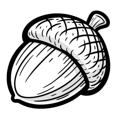 Black and white illustration of an acorn.