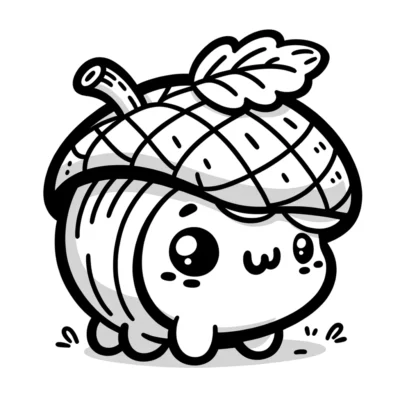 An illustration of a cute, cartoon acorn with a leaf hat and an expressive face.