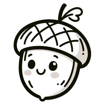 An illustration of a cute, smiling acorn with a face.