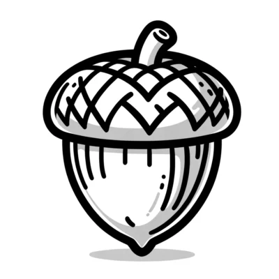 Stylized black and white drawing of an acorn.