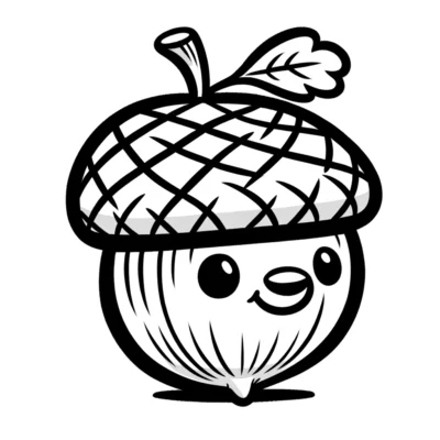 Illustration of a cheerful acorn character with a leaf on its cap.