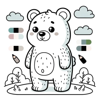 A teddy bear coloring page with pencils and crayons.
