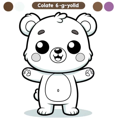 Una página para colorear de un oso de dibujos animados con las palabras colate 6 gyrolyd.