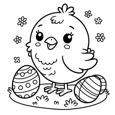 Una linda página para colorear de pollitos con huevos de Pascua.