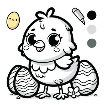 An easter coloring page with a cute chick and eggs.