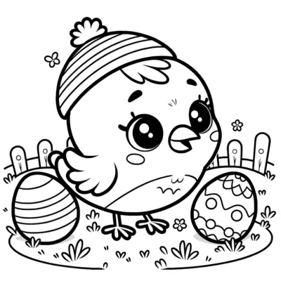 A cute chick coloring page with easter eggs.