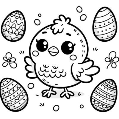 Una linda página para colorear de pollitos con huevos de Pascua.