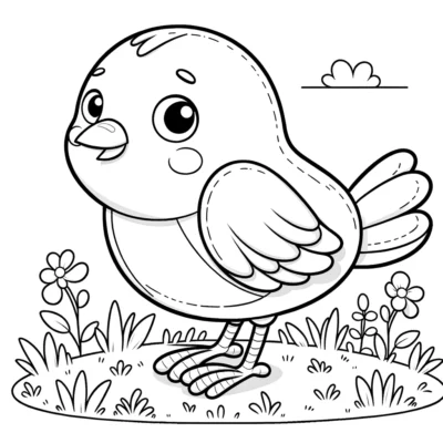Ausmalbild: Ein Cartoon-Vogel, der im Gras steht.