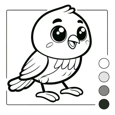 Una página para colorear de un pájaro de dibujos animados con diferentes colores.