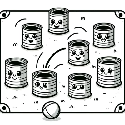 A set of cartoon cans with a ball in them.